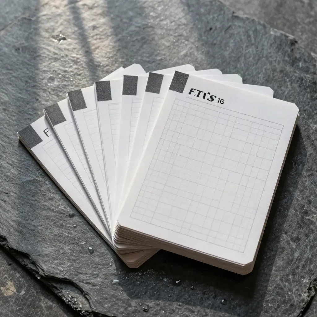 Overhead fanned note cards with tabs and a folded insert on wet slate, softly lit from above.
