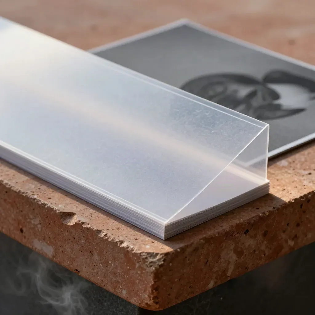 Folded stop-loss guide in a clear sleeve with charcoal spine, macro-lit with soft haze.